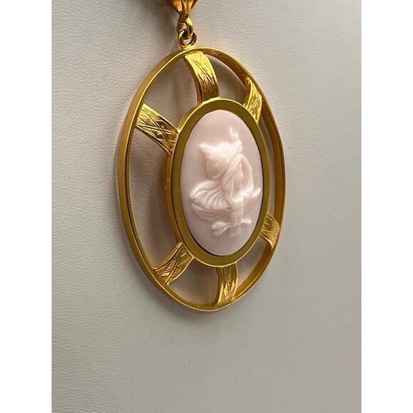Extasia Signed Gold Tone Athena and Owl Intaglio Cameo Pendant Long Necklace - Picture 2 of 8
